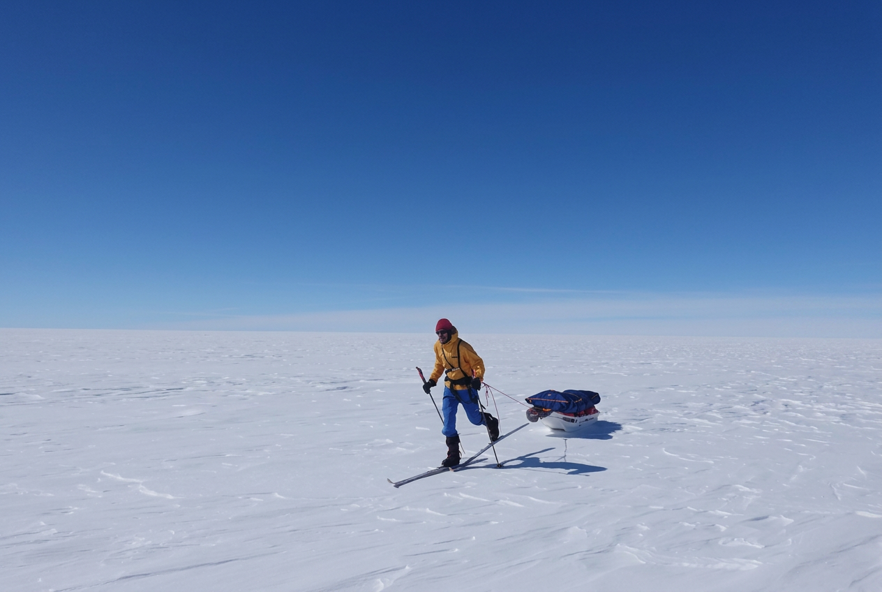 Martin på ski med pulk over innlandsisen på Grønland